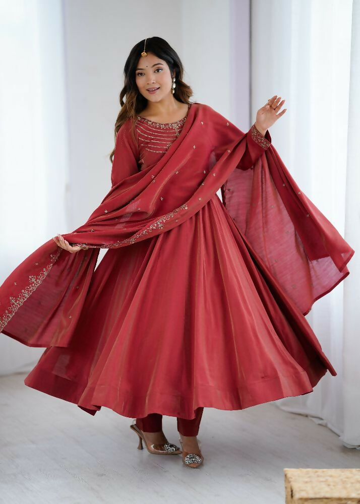 Joban Fashion Maroon Kurta Set Chanderi Sequence Embroidery Work | Grocsy