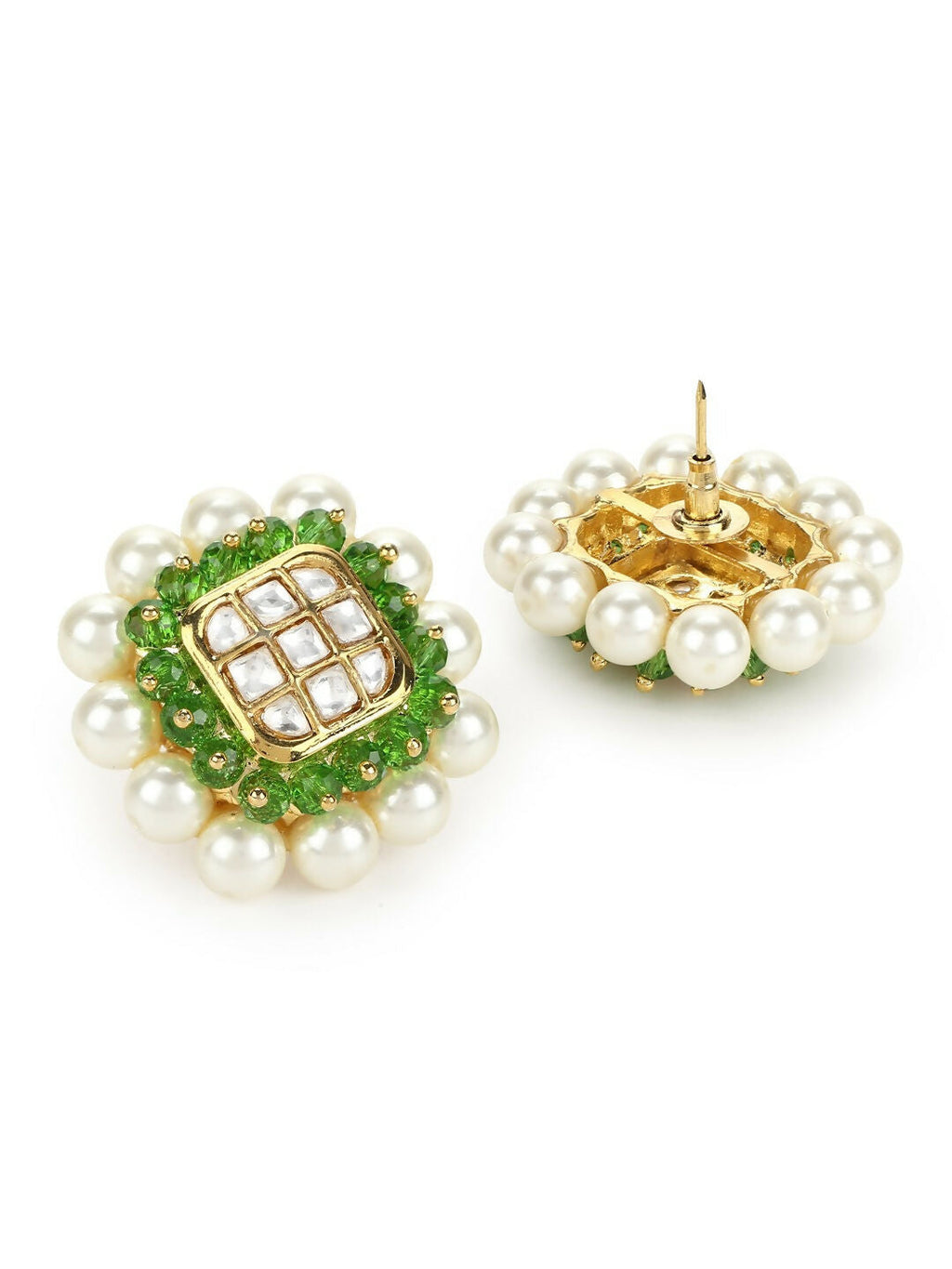 Pearl Kundan Studs with Green Stone Detailing- Ruby Raang | Grocsy