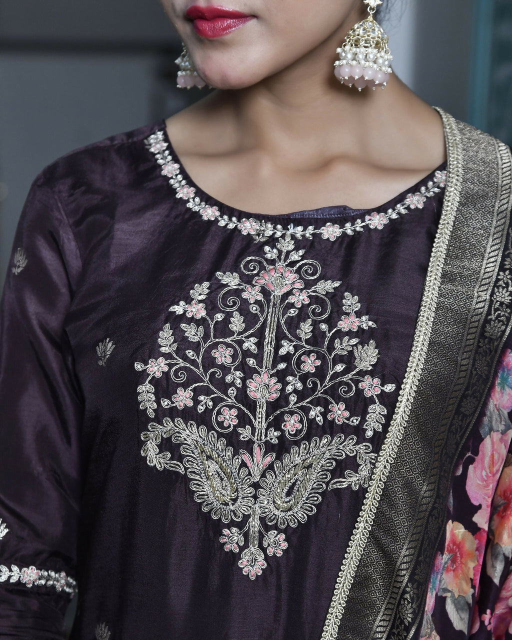 Vaasva Women's Silk Emboidered Solid Pant Set & Digital Printed Dupatta | Grocsy