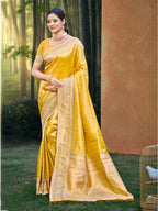 Sangam Prints Yellow Kanjivaram Silk Woven Work Traditional Saree | Grocsy