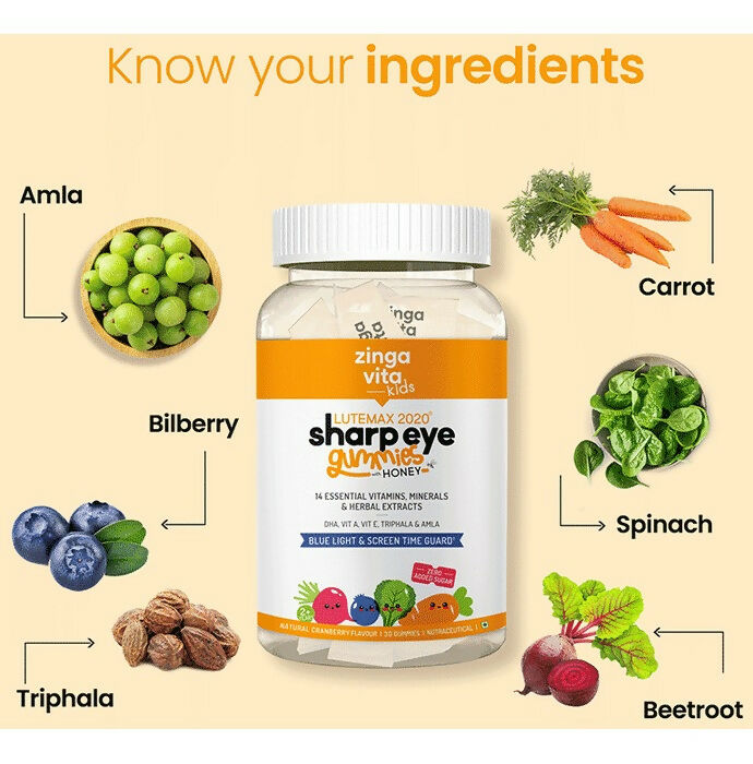 Zingavita Sharp Eye Gummies with Honey for Kids (2+ years) - Cranberry Flavor | Grocsy