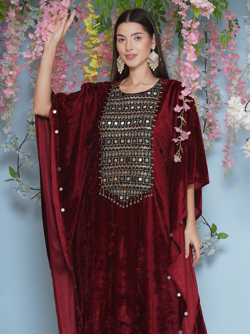 Joban Fashion Maroon Velvet Hand Embellished Kaftaan Set | Grocsy