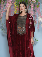 Joban Fashion Maroon Velvet Hand Embellished Kaftaan Set | Grocsy
