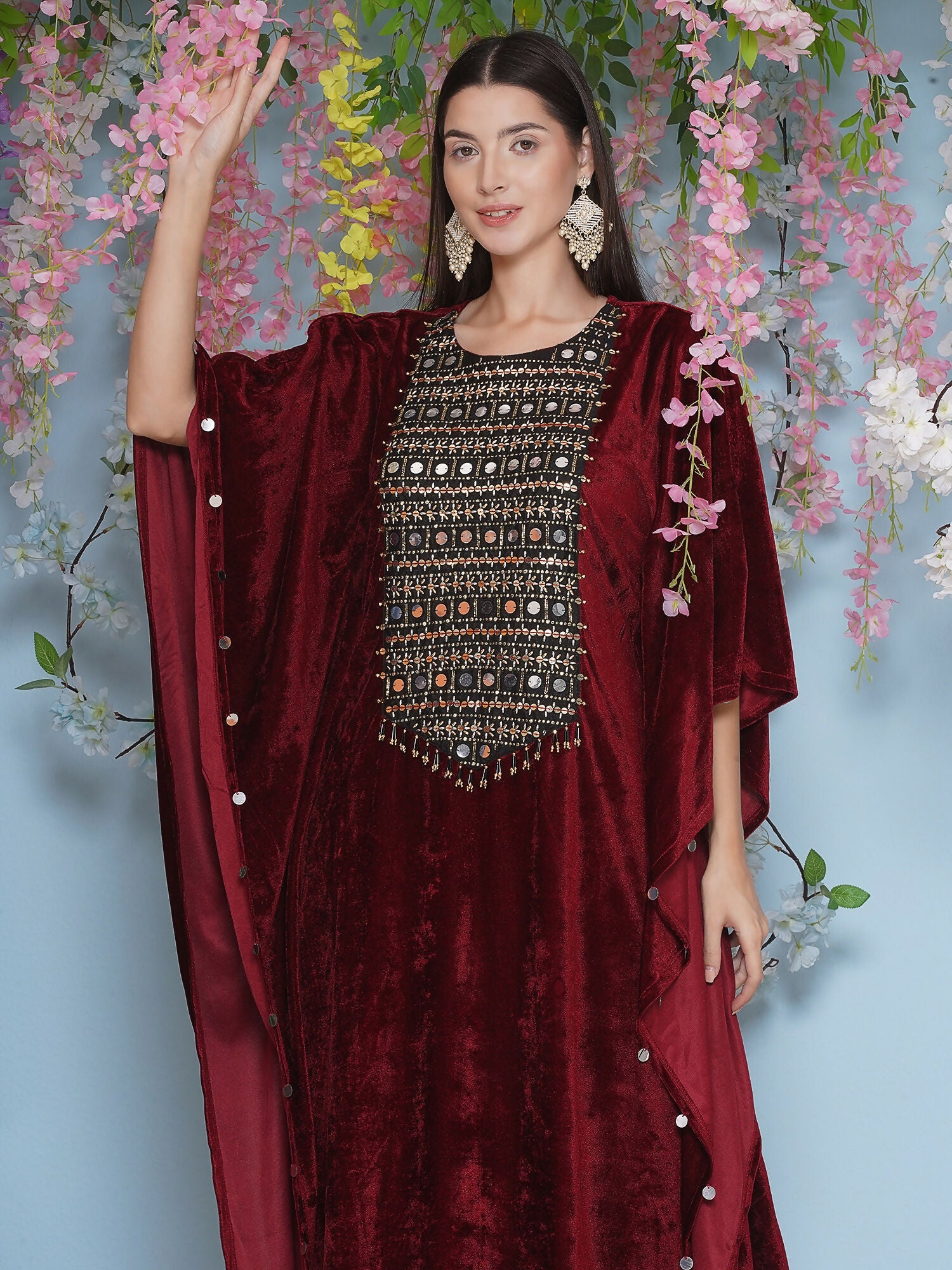 Joban Fashion Maroon Velvet Hand Embellished Kaftaan Set | Grocsy