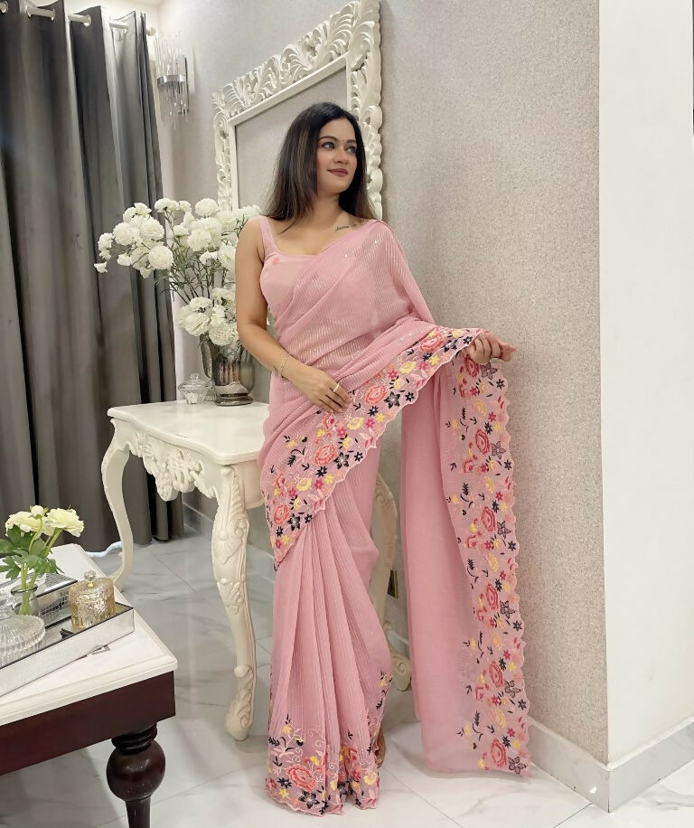 Pink Shimmer Silk Multi Thread Sequence Embroidery Work Saree - Kashta | Grocsy