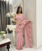 Pink Shimmer Silk Multi Thread Sequence Embroidery Work Saree - Kashta | Grocsy