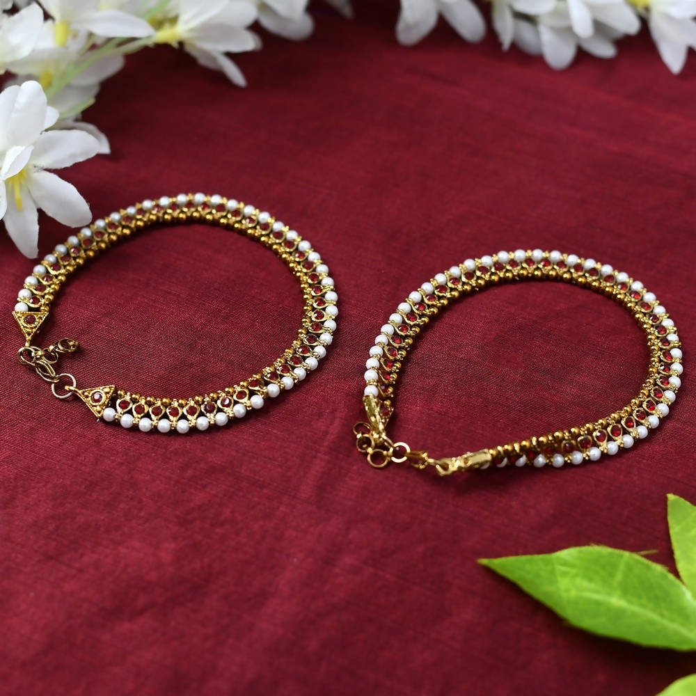 Mominos Fashion Kamal Johar Red Kundan Anklets | Grocsy