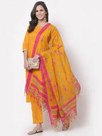 Myshka Women's Cotton 3/4 Sleeve Round Neck Casual Kurta Pant Dupatta Set | Grocsy