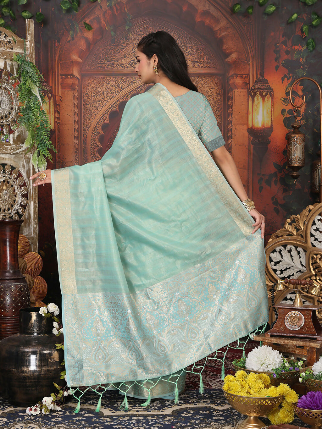 Shree Shyam Fashion Organza Rama Green Saree | Grocsy