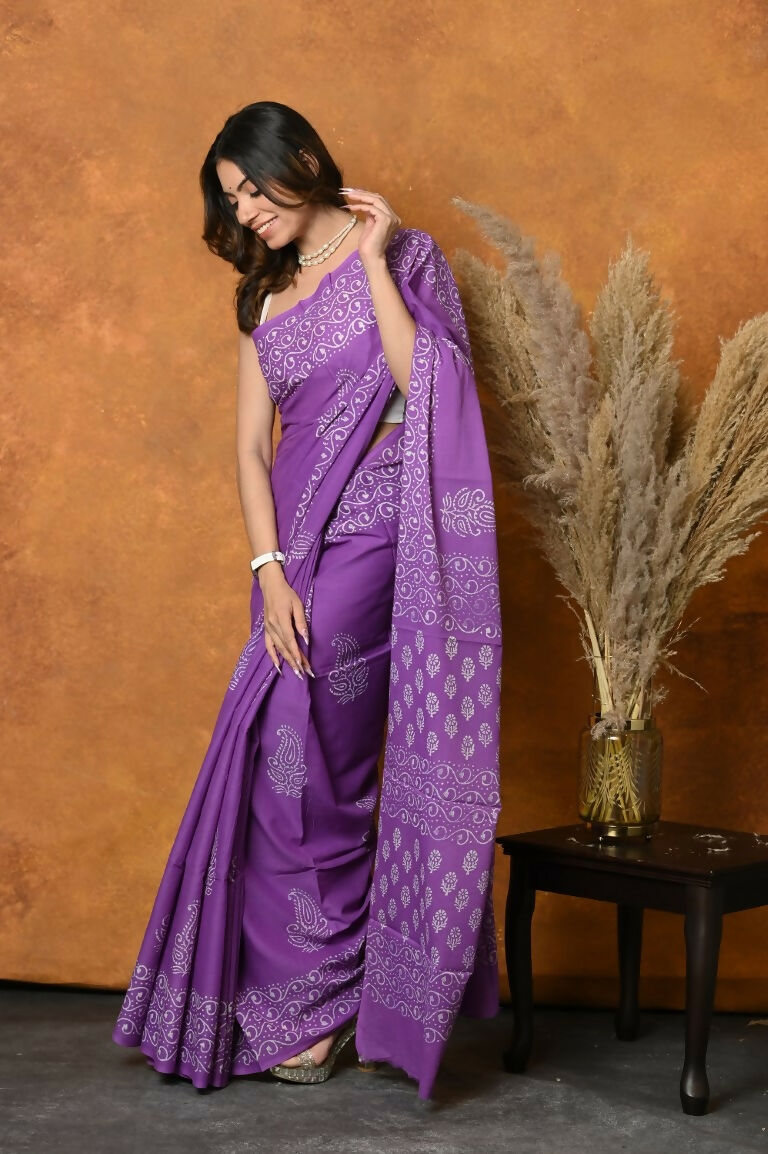 Very Much Indian Handblock Printed Cotton Saree With Natural Dyes - Purple | Grocsy