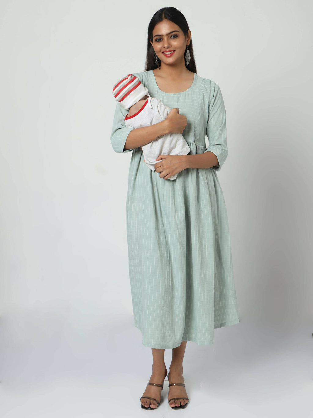 Manet Three Fourth Maternity Dress Striped With Concealed Zipper Nursing Access - Pista Green | Grocsy