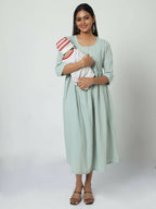 Manet Three Fourth Maternity Dress Striped With Concealed Zipper Nursing Access - Pista Green | Grocsy