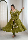 Teeya Creation Mehendi Color Crunchy Silk Embroidery Work Wedding Wear Gown | Grocsy