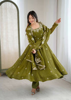 Teeya Creation Mehendi Color Crunchy Silk Embroidery Work Wedding Wear Gown | Grocsy