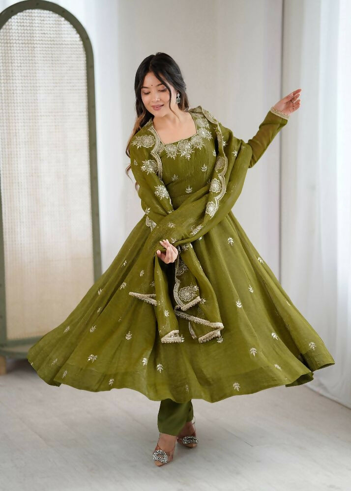 Teeya Creation Mehendi Color Crunchy Silk Embroidery Work Wedding Wear Gown | Grocsy