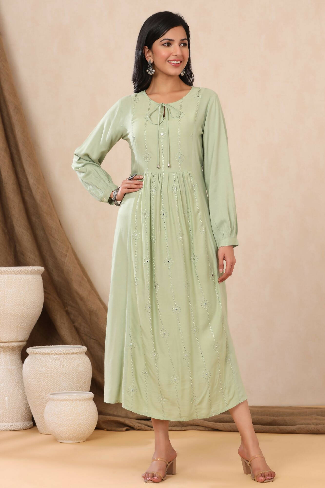 Juniper Women Lightolive Rayon Embroidered A-Line Dress | Grocsy