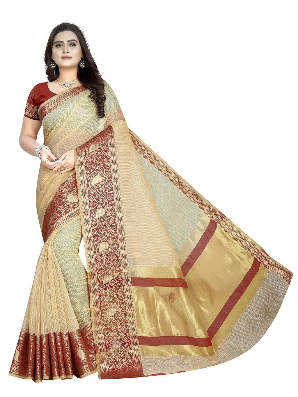 Vamika Banarasi Jaquard Cream Weaving Saree | Grocsy