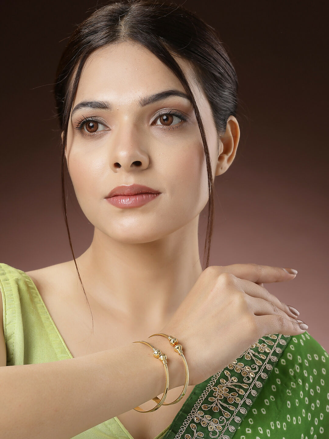 NVR Women's Set of 2 Gold-Polished Handcrafted Adjustable Bangles | Grocsy