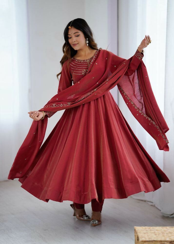 Joban Fashion Maroon Kurta Set Chanderi Sequence Embroidery Work | Grocsy