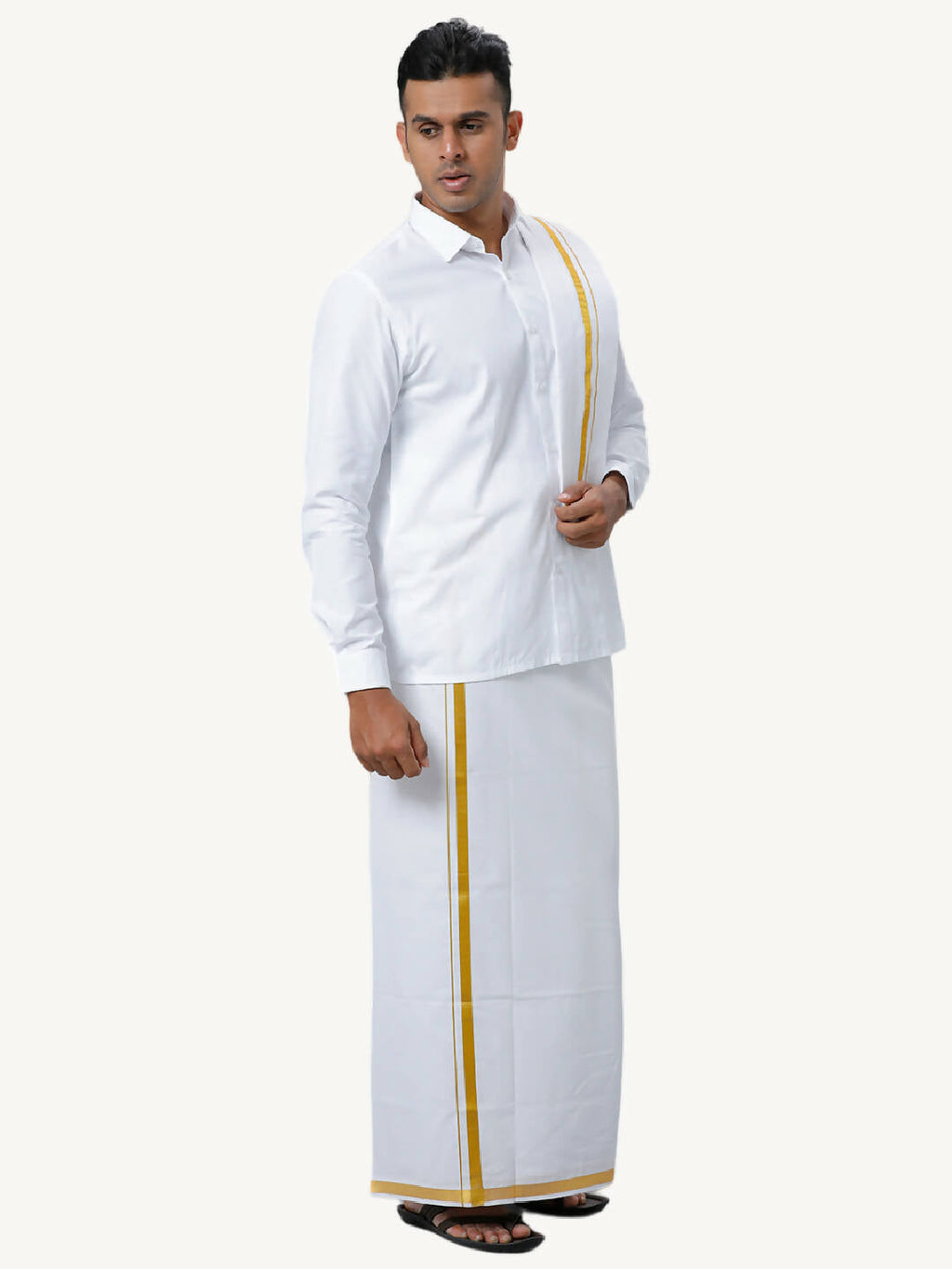 Ramraj Cotton Mens Wedding White Regular Dhoti, Shirt & Towel Set Subhakalyan 1/2" | Grocsy
