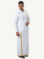 Ramraj Cotton Mens Wedding White Regular Dhoti, Shirt & Towel Set Subhakalyan 1/2" | Grocsy