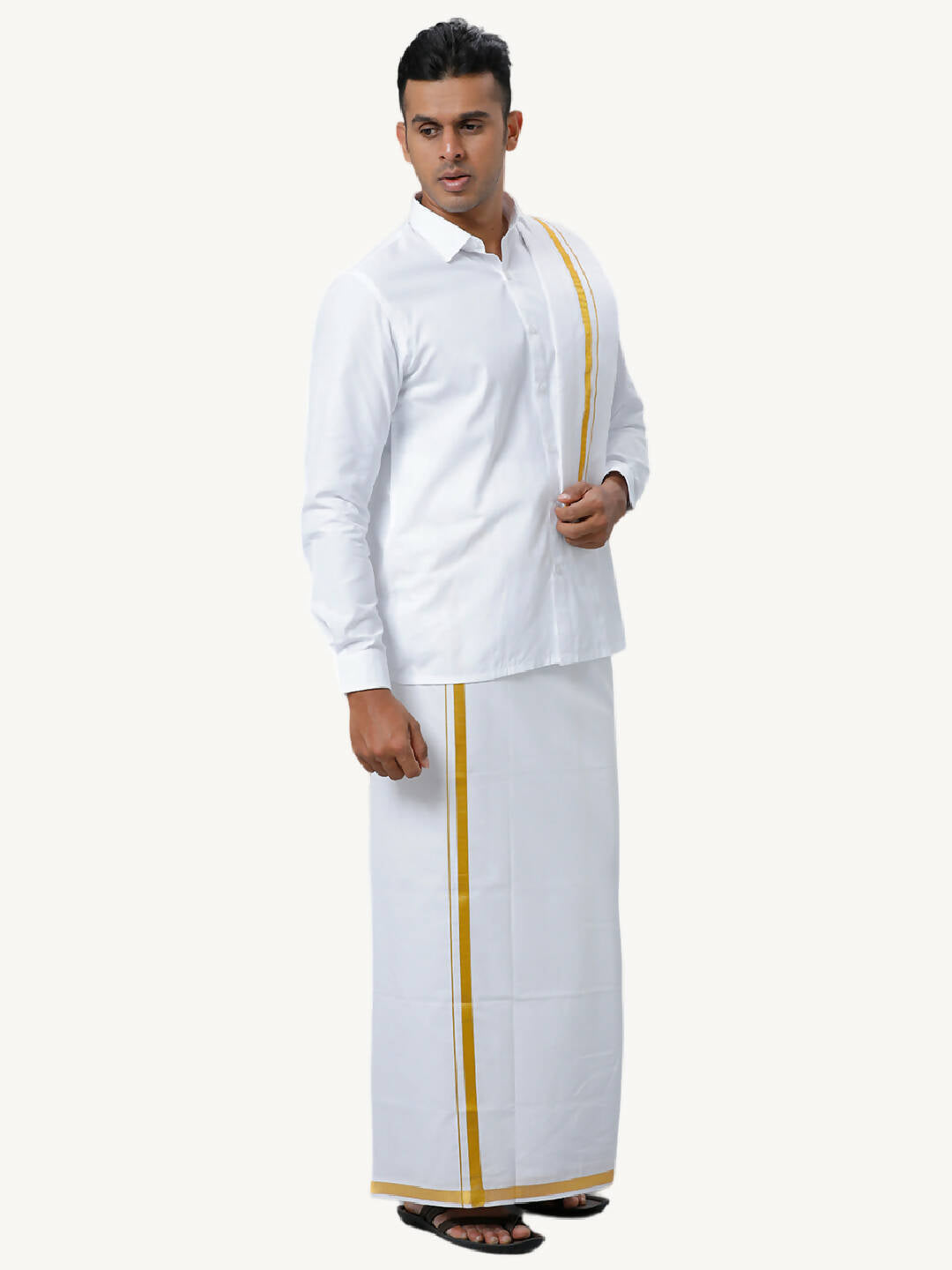 Ramraj Cotton Mens Wedding White Regular Dhoti, Shirt & Towel Set Subhakalyan 1/2" | Grocsy