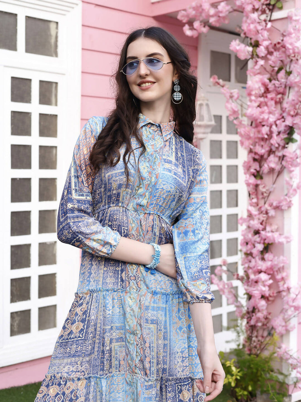 Light Blue Crepe Foil Printed Long Dress - Michan | Grocsy