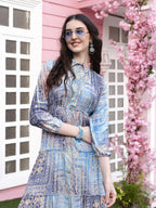 Light Blue Crepe Foil Printed Long Dress - Michan | Grocsy