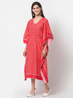 Myshka Pink Cotton Printed 3/4 Sleeve V Neck Casual Kaftan | Grocsy