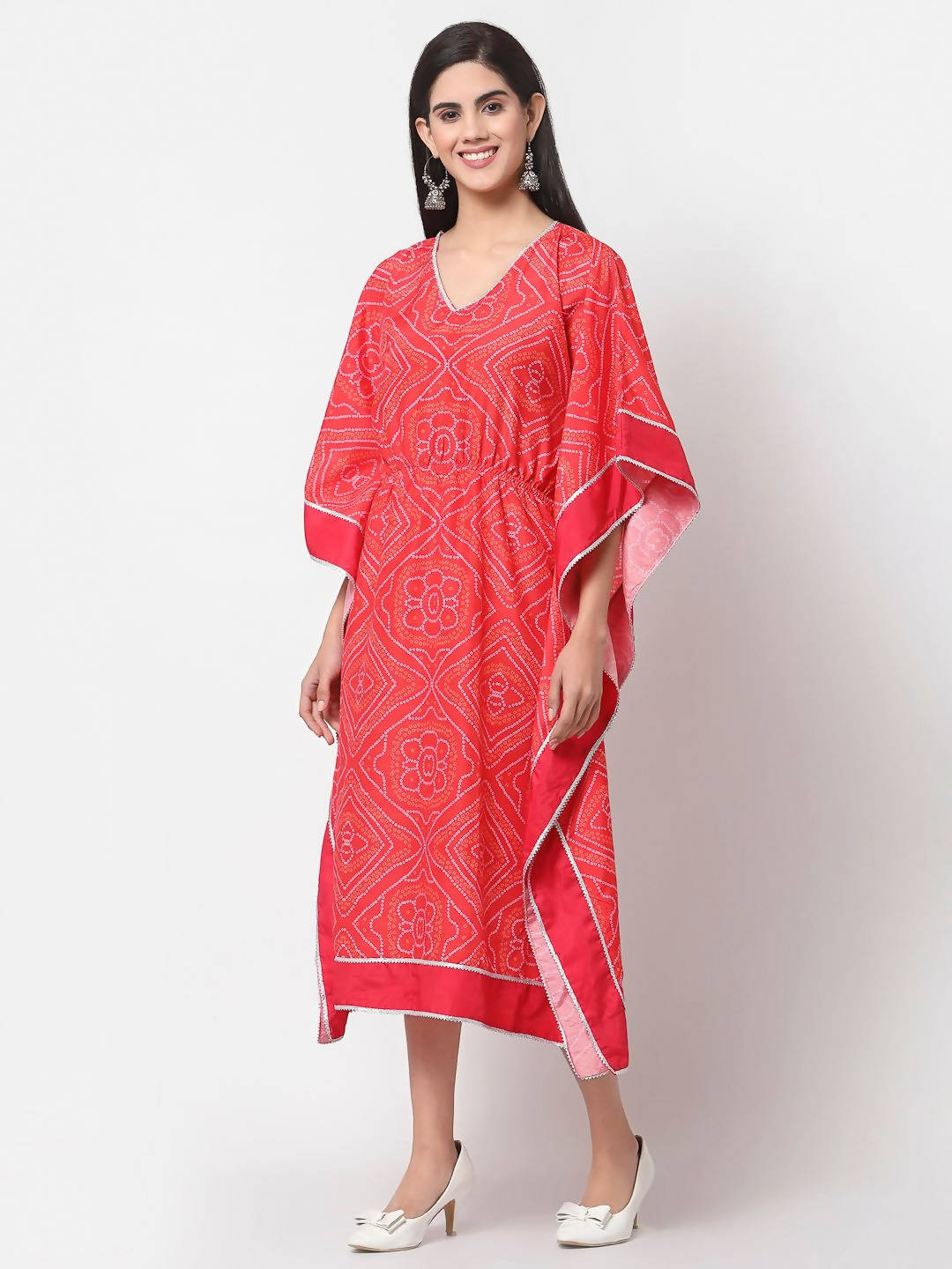 Myshka Pink Cotton Printed 3/4 Sleeve V Neck Casual Kaftan | Grocsy