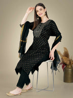 Jyoti Fashion Women's Black Cotton Magic Slub Embroidery & Sequence work Kurta with Trouser & Dupatta | Grocsy