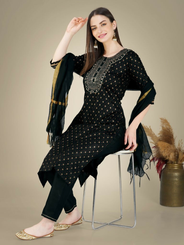 Jyoti Fashion Women's Black Cotton Magic Slub Embroidery & Sequence work Kurta with Trouser & Dupatta | Grocsy