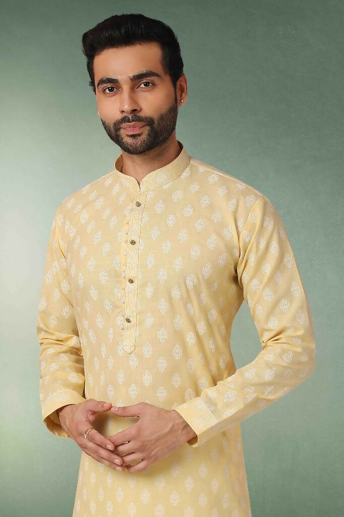 Raivat Ethnic Cotton Printed Work Kurta Pajama In Lemon Yellow Colour | Grocsy