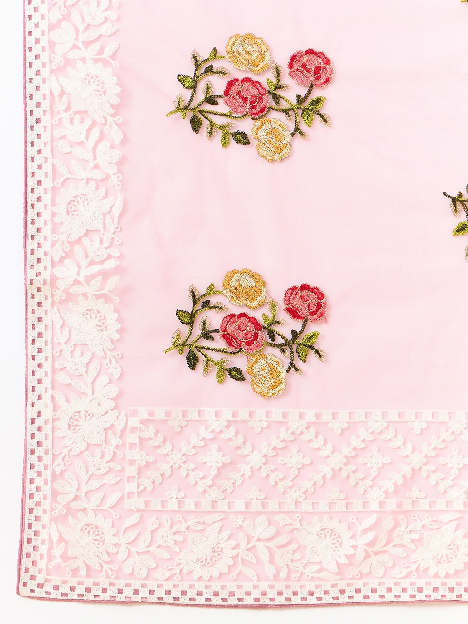 Pink Organza Floral Embroidered Saree with Unstitched Blouse Piece - Roozal | Grocsy