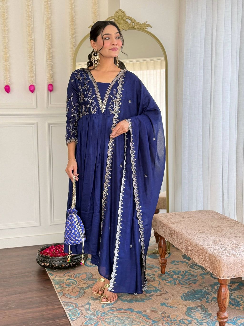 The52 Blue Women's Beautiful Embroidered Vichitra Silk Fabric with Flared Kurta, Pant and Dupatta Set | Grocsy
