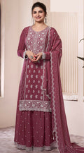Anaita Maroon Embroidered Work Silk Stitched Sharara suit | Grocsy