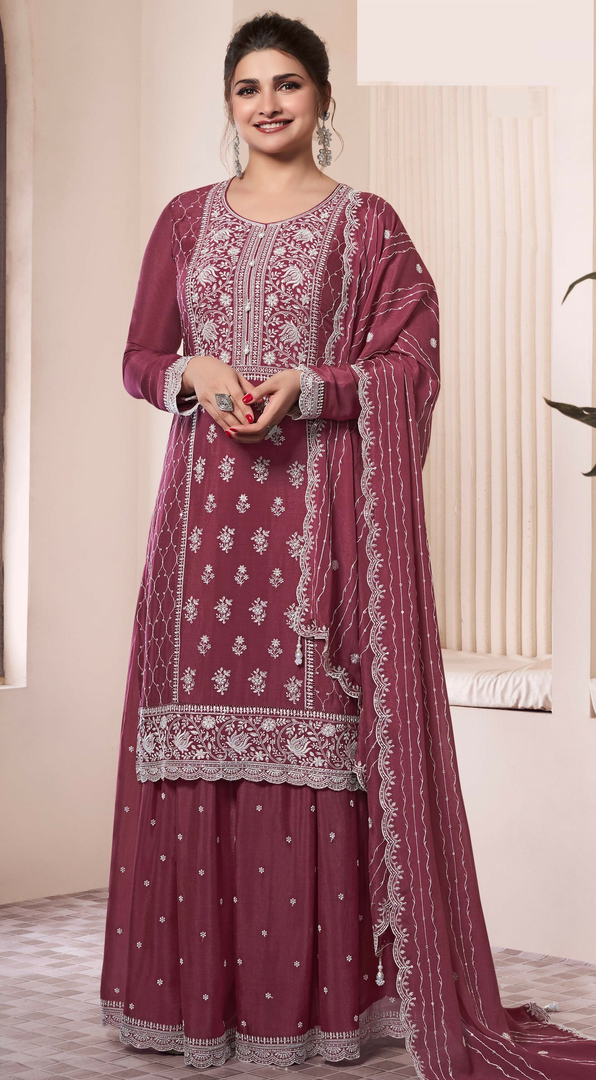 Anaita Maroon Embroidered Work Silk Stitched Sharara suit | Grocsy