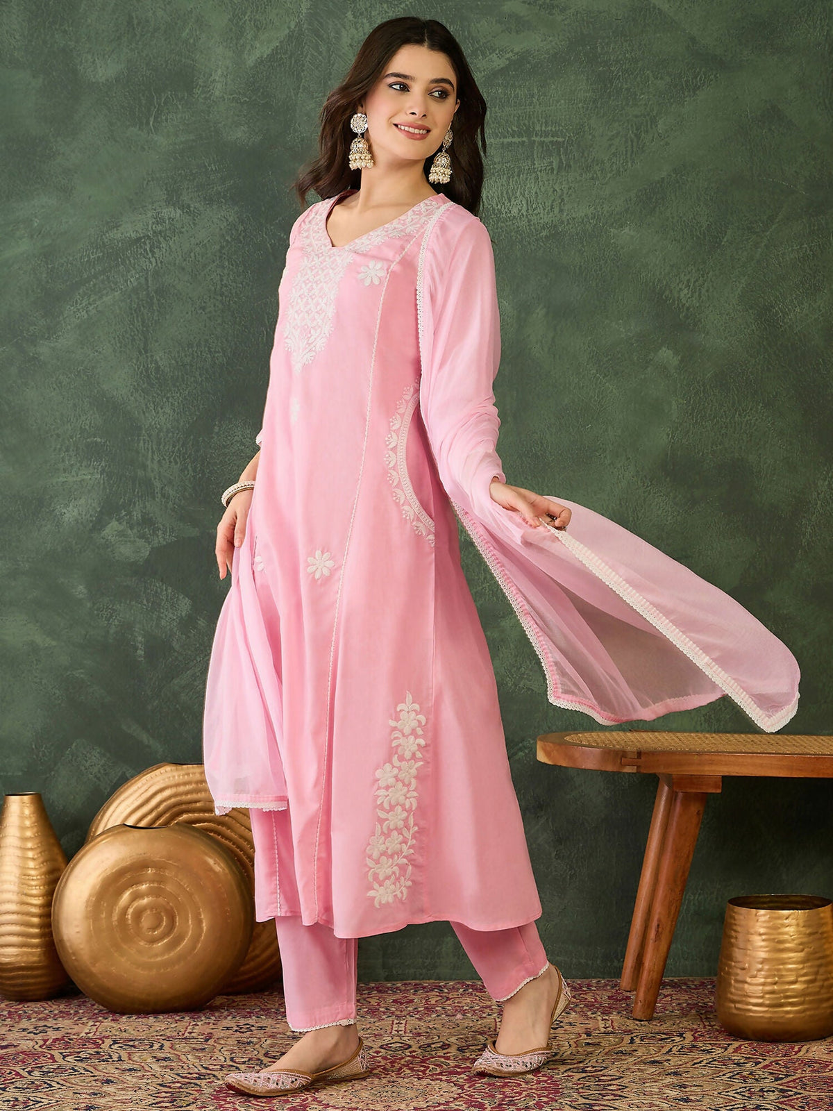 The52 Women's Beautiful Thread Work Cotton satin Fabric Flared Kurta Pant and Dupatta Set-Peach | Grocsy
