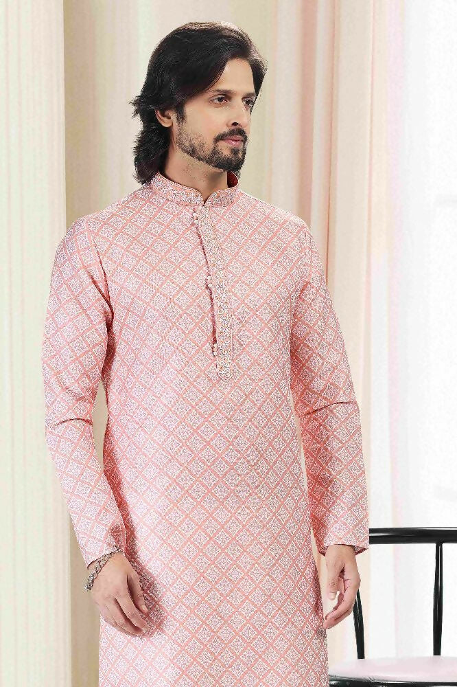 Raivat Ethnic Cotton Thread Work Kurta Pajama In Peach Colour | Grocsy