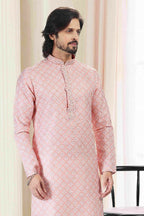 Raivat Ethnic Cotton Thread Work Kurta Pajama In Peach Colour | Grocsy