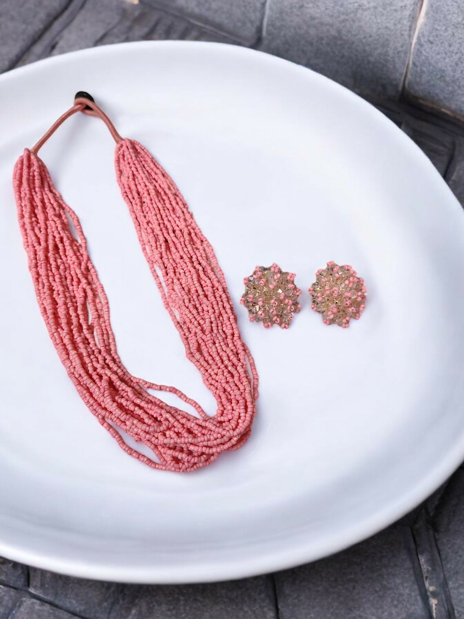 Inhanns Vibrant Handmade 20 Layers Beaded Necklace With Matching Earrings - Light Pink | Grocsy