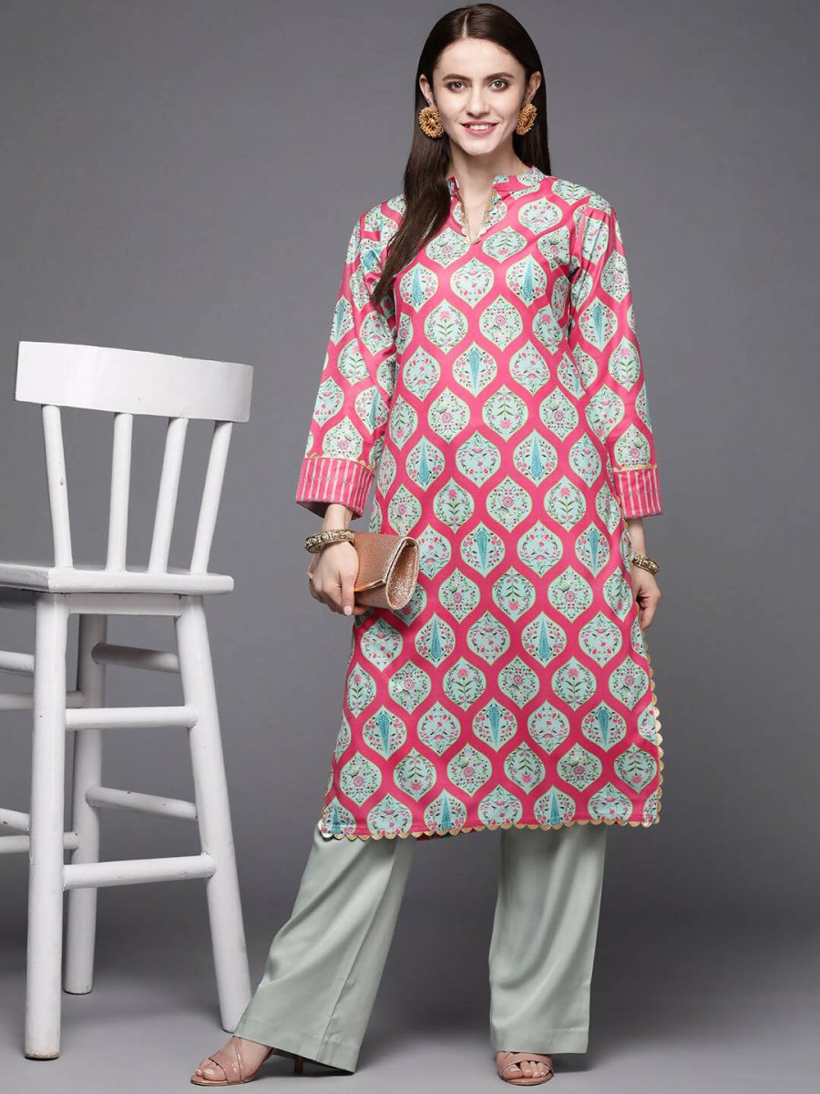 Ahalyaa Women Pink & Sea Green Floral Printed Gotta Patti Velvet Kurta | Grocsy