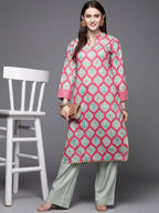 Ahalyaa Women Pink & Sea Green Floral Printed Gotta Patti Velvet Kurta | Grocsy