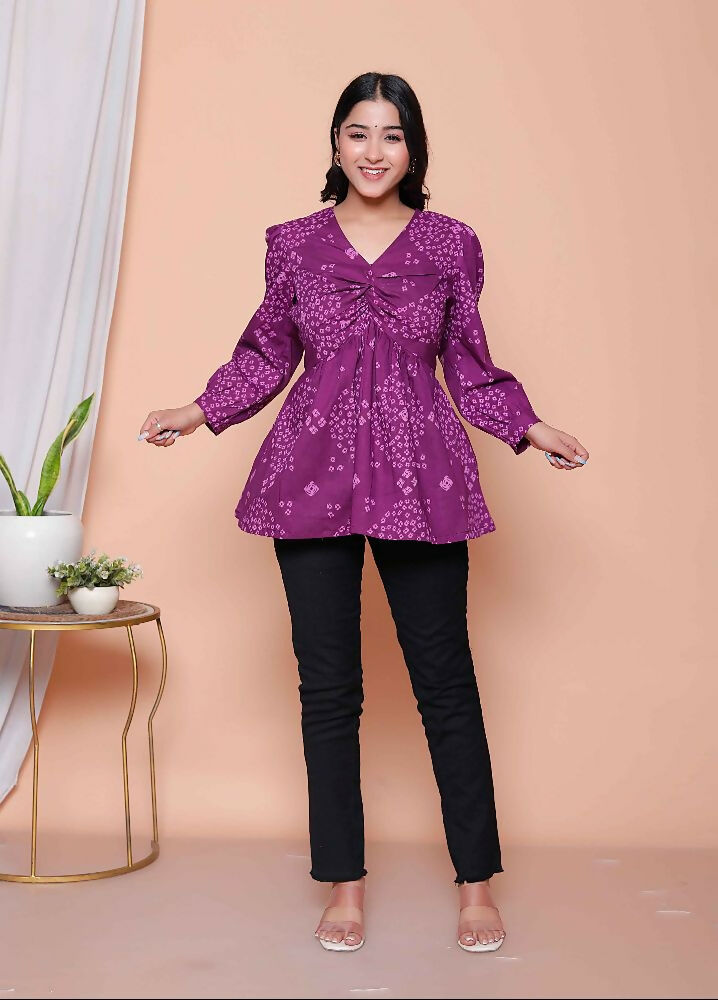 Miravan Womens Purple Bandhani Printed Butterfly Style Top | Grocsy