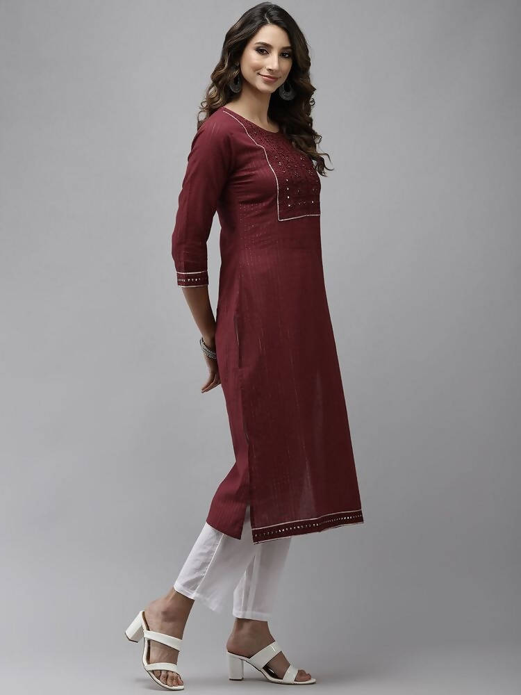 Yufta Women Maroon Yoke Design Mirror Work Cotton Kurta | Grocsy