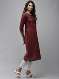 Yufta Women Maroon Yoke Design Mirror Work Cotton Kurta | Grocsy