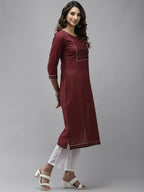 Yufta Women Maroon Yoke Design Mirror Work Cotton Kurta | Grocsy