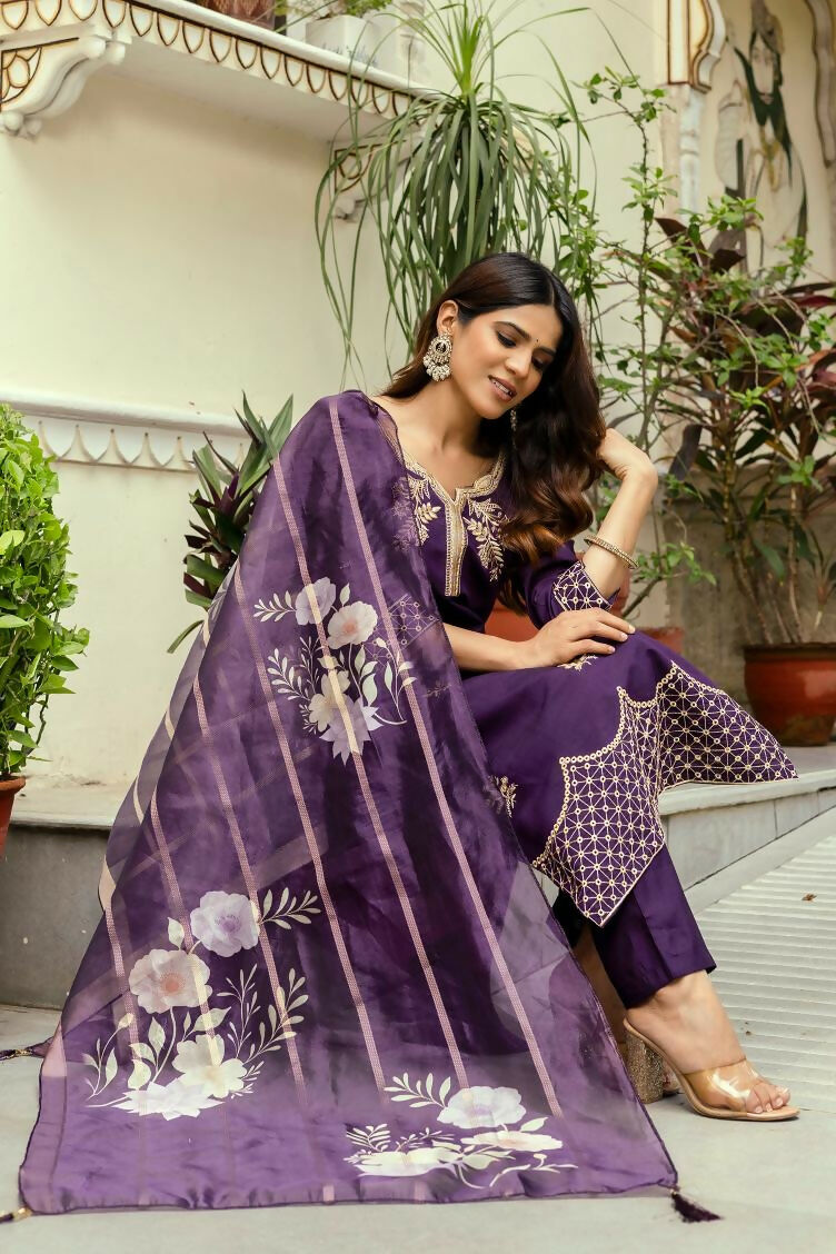 The52 Wine Women's Beautiful Viscose Chanderi Fabric Thread Work Straight Kurta Pant and Dupatta Set | Grocsy