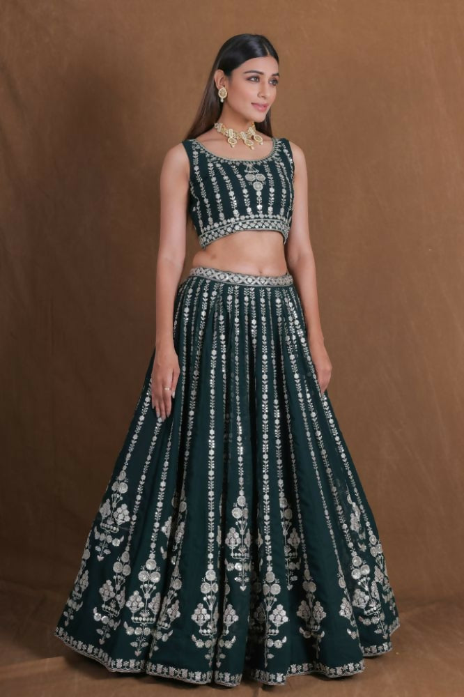 Bottlegreen Georgette Zari,Sequence Thread Embroidery Work Lehenga Choli - Jihu Culture | Grocsy