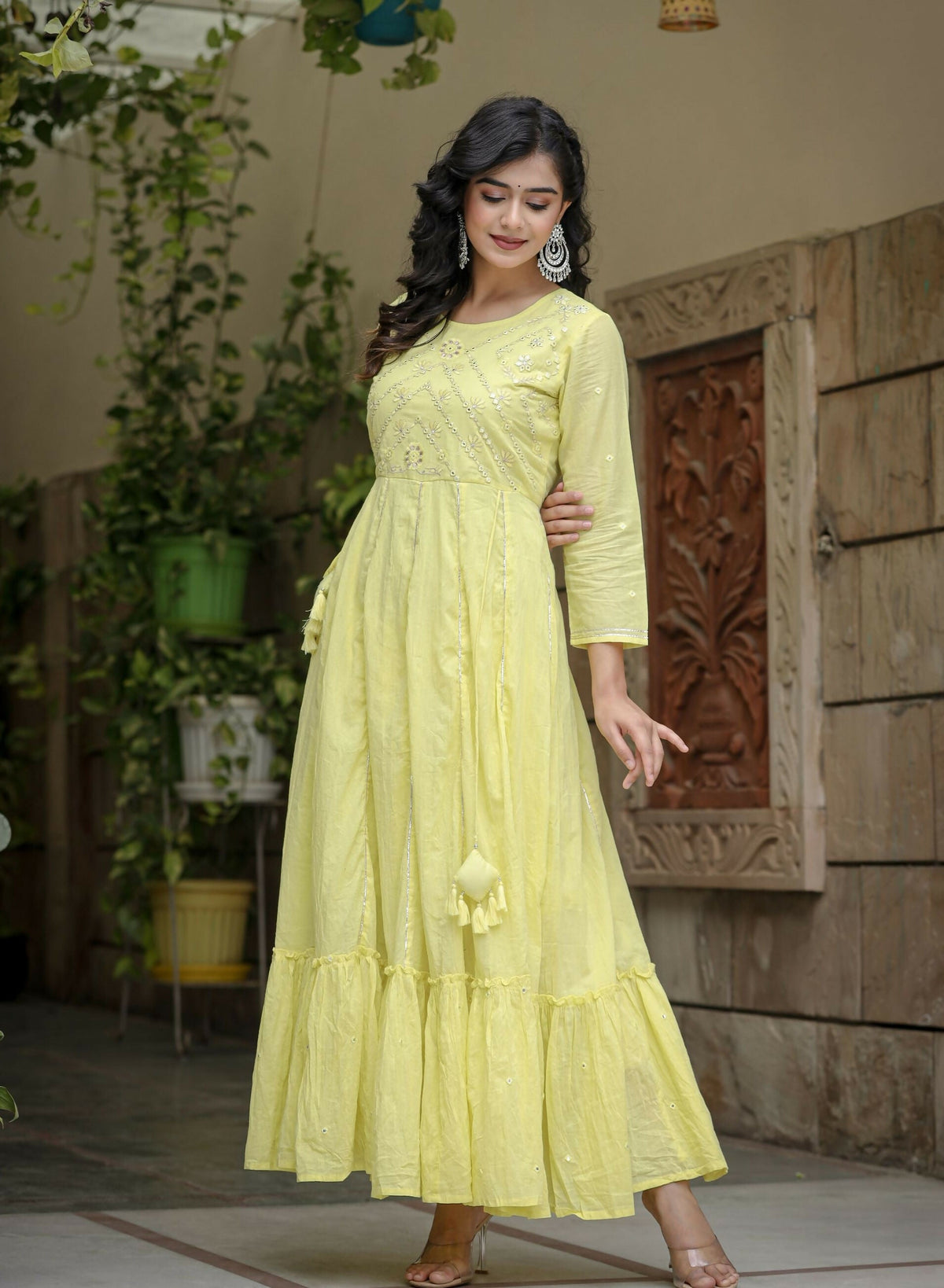 Kaajh Women's Yellow Mirror Embroidered Cotton Dress | Grocsy